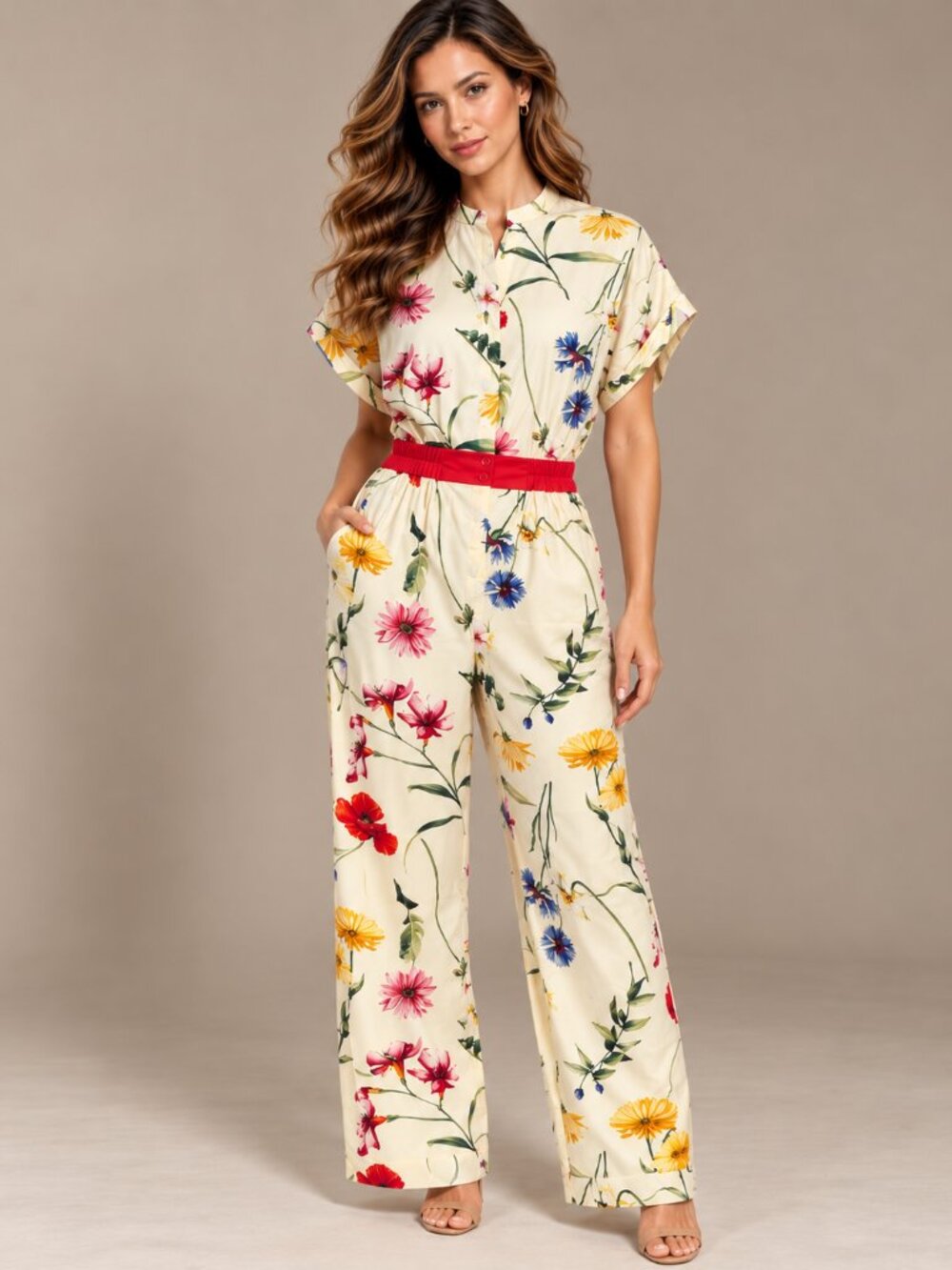 NWT - Oscar de la Renta 2021 Floral Print Jumpsuit Red Waist Size 8